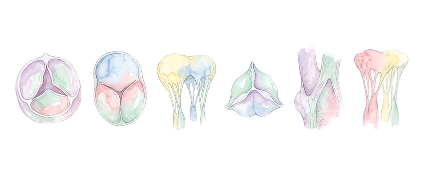 Heart valves anatomical watercolor illustration of human cardiac valve structures showing mitral aortic tricuspid and pulmonary valves on white background for medical education and science design.