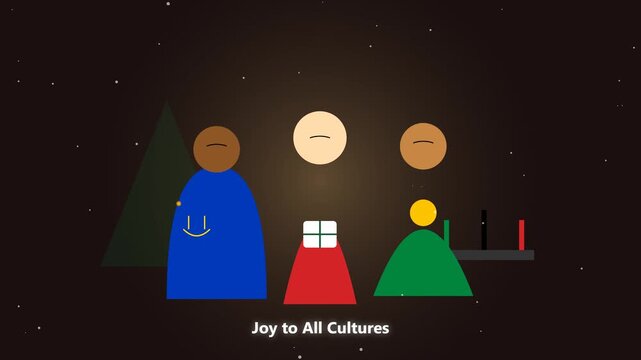 Joy to All Cultures vibrant illustration with colorful geometric figures under starry sky