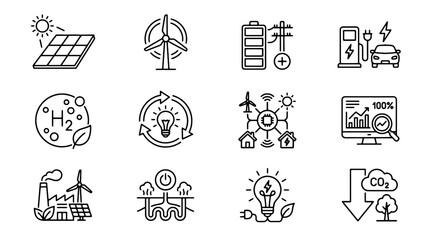 Fototapeta premium Renewable Energy and Sustainable Technology Line Icons Set with Wind Turbine, Battery, Clean Energy and Eco Innovation