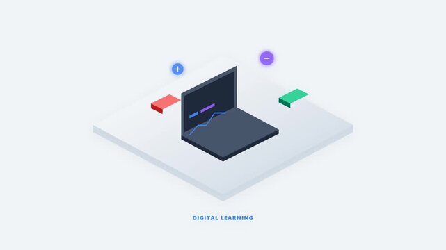 Isometric laptop with abstract data elements for digital security concept