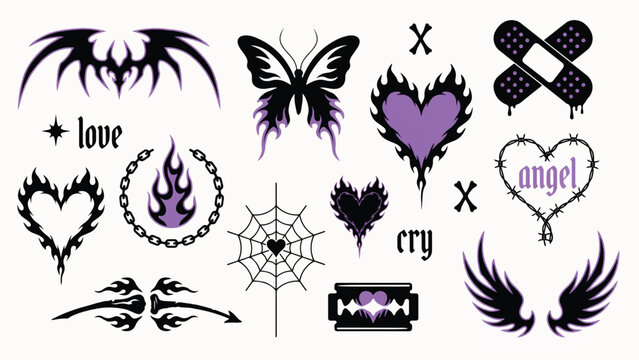Y2k aesthetic emo and goth sticker pack with butterfly and heart symbols