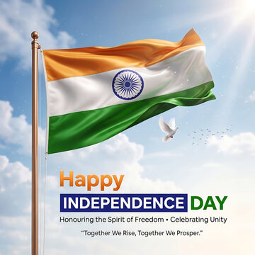 Colorful national flag waving under clear sky celebrating independence day with peaceful dove with accompanied white dove uplifting patriotic message emphasizing unity freedom