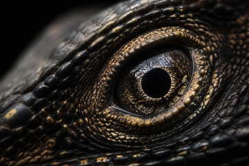 A close-up of a crocodile's eye against a dark background. © Anastasiia