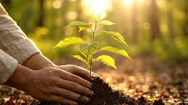 Hands planting a young green sapling in fertile soil, symbolizing reforestation and environmental restoration