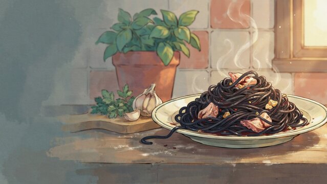 The national dish of Italian cuisine. 
Pasta with cuttlefish ink and seafood (Spaghetti al nero di seppia). Served with sauce with cuttlefish pieces, wine and garlic. A photo with a place for the text