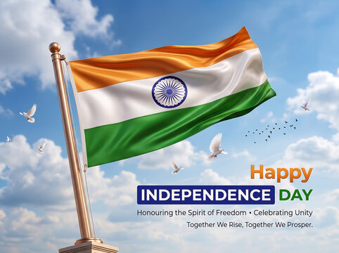 Flying national flag celebrating independence day with birds with captures vibrant national against bright partly cloudy sky surrounded flag waving proudly