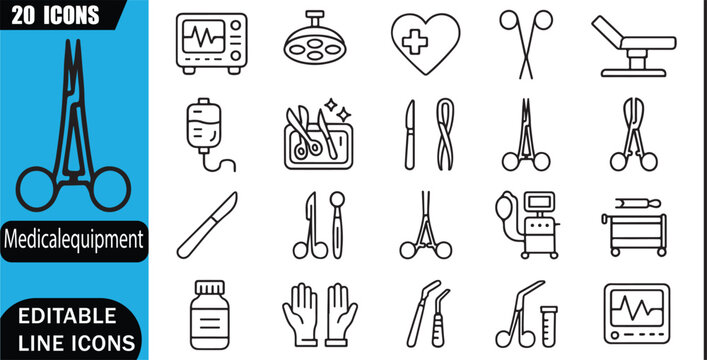Isolated Medical Equipment Surgical Tools Icons Set, Surgical Instruments, Operating Room, Sterilization, 20 Editable Line Art Icons Set, Surgery, Clinic, Medical Tools, Healthcare, Outline Vector