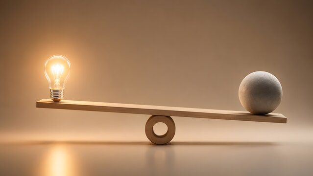 Innovation balance concept showing glowing lightbulb and heavy stone sphere in perfect equilibrium on wooden seesaw representing stable creativity.