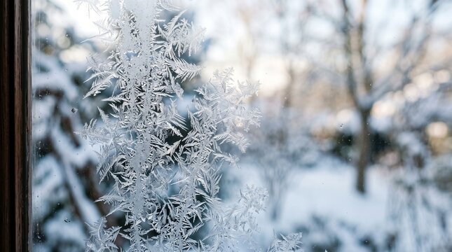 Intricate white frost crystals and ice patterns on a glass window pane during a cold winter day