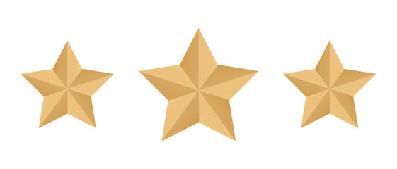 Obraz premium Three Golden Stars 3D Vector Set, Metallic Gold 3 Star Rating Symbol for Luxury Quality Rank, Hotel Review, Award Badge and UI Design