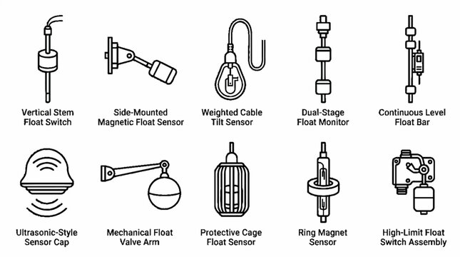 A collection of various industrial liquid level sensor and float switch icons.