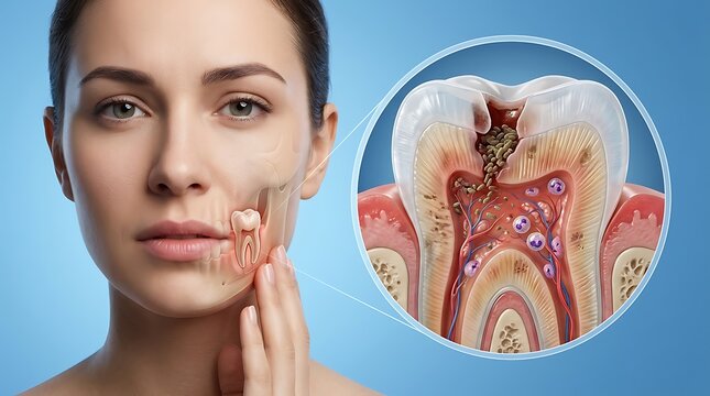 Woman experiences dental pain while a detailed medical illustration highlights the internal structure of a decayed tooth with infection in the pulp and surrounding gum tissue.