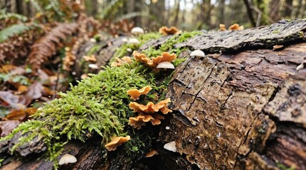Wild orange and white mushrooms growing on a mossy fallen log in a deep autumn forest landscape © R Arts