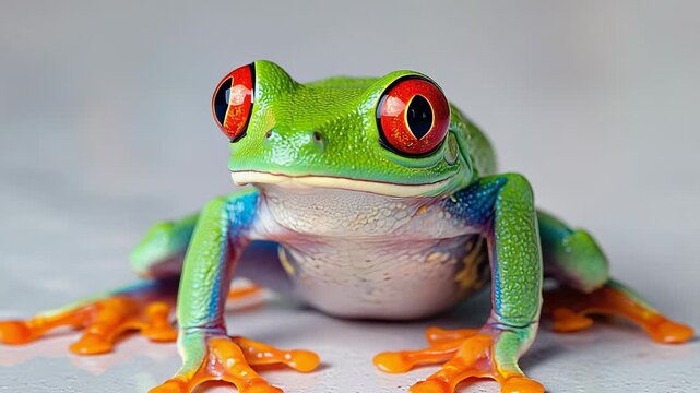 Vibrant Red-Eyed Tree Frog Close-Up: Stunning Portrait of a Colorful Amphibian on Grey Background.