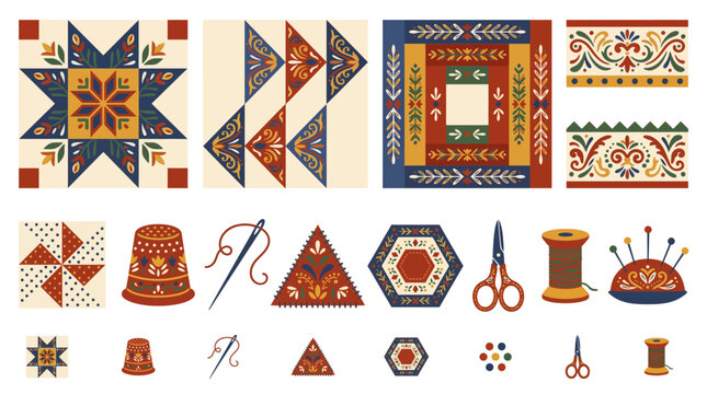 Quilt patterns and sewing tools vector set with folk art blocks and scissors