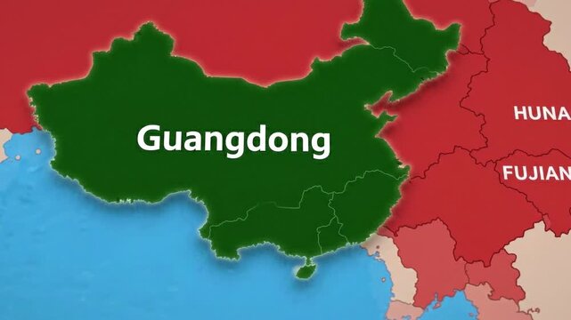 Map of guangdong province highlighted in green on regional chinese map