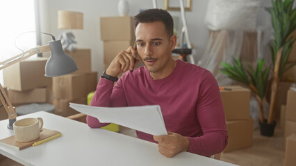 Young hispanic man with moustache holding paperwork and phone to ear, eyes wide in a building room...