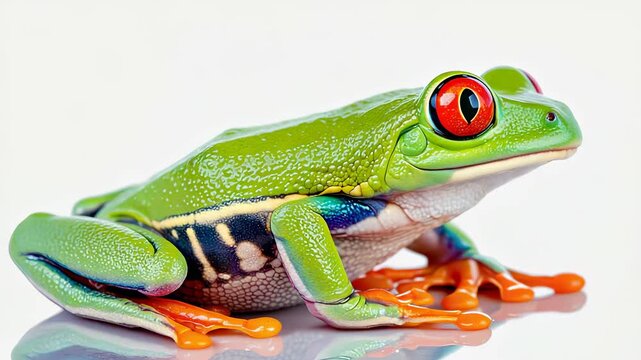 Vibrant Red-Eyed Tree Frog Resting on Glossy Surface - Detailed Close Up of Wildlife and Nature Photography.