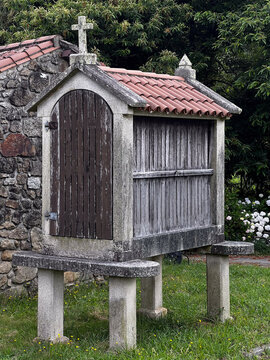 Traditional Galician horreo granary on Camino de Santiago