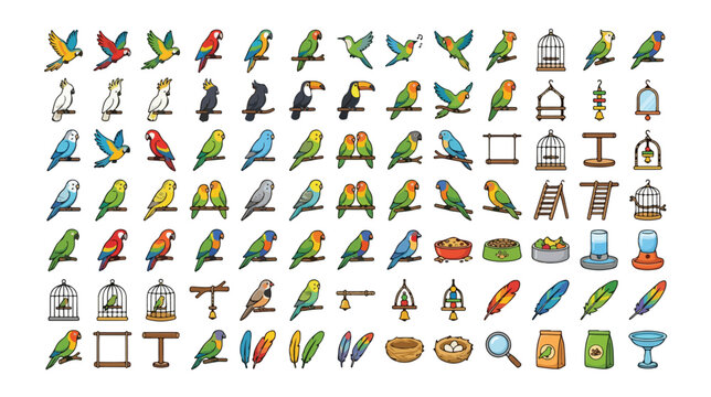 Colorful parrot and bird vector icon set, a vibrant collection of exotic pet birds, cages, and accessories, ideal for pet shop branding or avian-themed designs, 100 vector icons.