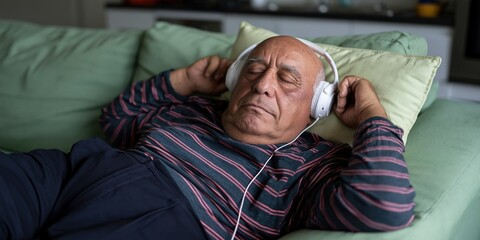 Fototapeta premium Elderly man resting with headphones on a couch at home for relaxation background and wellness lifestyle design