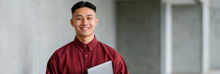 Obraz premium Smiling asian man with laptop in a minimalist concrete hallway for professional profile photo and website banner design