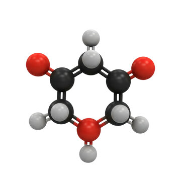 Photorealistic macro shot of a hyper-detailed d-fructose furanose ring model (cpk coloring, black and red atoms) suspended over a transparent background. Concept of precise scientific illustration