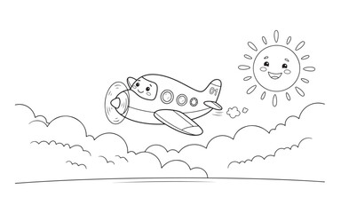 Obraz premium Cute cartoon airplane flying in sky with sun coloring page vector
