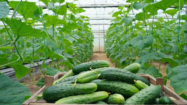 Freshly Harvested Cucumbers in Wooden Crate within a Greenhouse Agricultural Setting &ndash; Sustainable Farming Produce