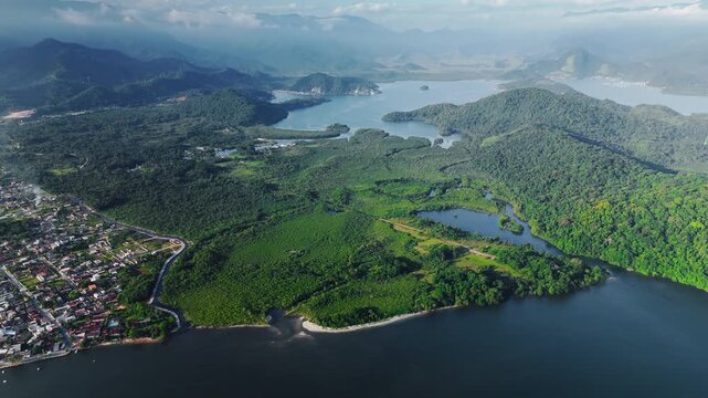 Aerial view of the green coastline near the town of Angra dos Reis in Brazil