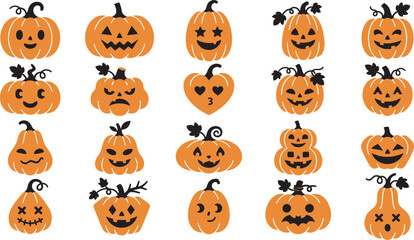 Fototapeta premium A collection of various hand drawn pumpkin illustrations with different funny and spooky faces isolated on a white background for autumn design