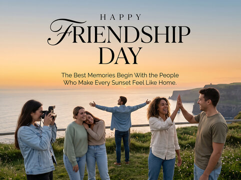 Group celebrating friendship day during golden hour coastal gathering with high spirits with embracing camaraderie happiness scenic coastal backdrop