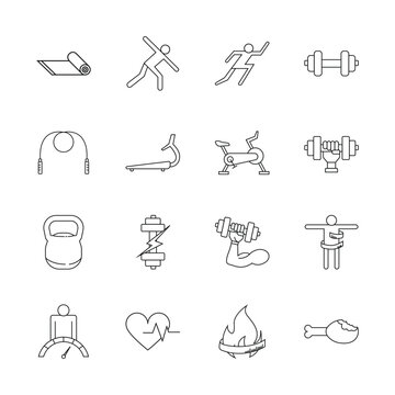 Fitness and Gym Line Icons Collection with Exercise Equipment and Healthy Lifestyle Symbols