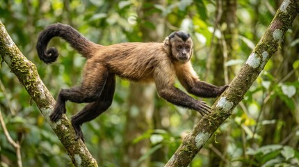 Tufted Capuchin Monkey Climbing on a Mossy Tree Branch in a Lush Tropical Rainforest Habitat © R Arts