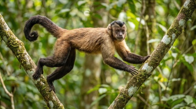 Tufted Capuchin Monkey Climbing on a Mossy Tree Branch in a Lush Tropical Rainforest Habitat