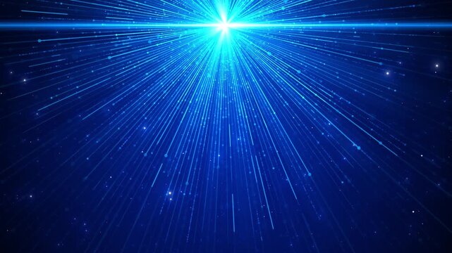 Blue digital light rays background bright top flare, falling line particles, and deep futuristic space