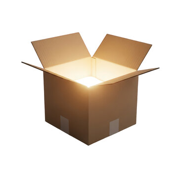 3D illustration of an open cardboard box with a bright glowing light inside