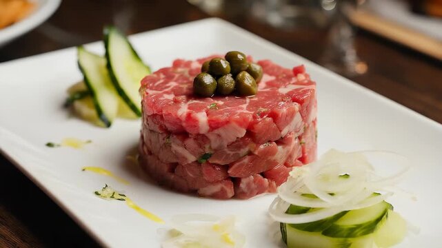 Elegant Beef Carpaccio Presentation: Raw Diced Steak with Capers, Zucchini Ribbons and Shallots on a White Plate.