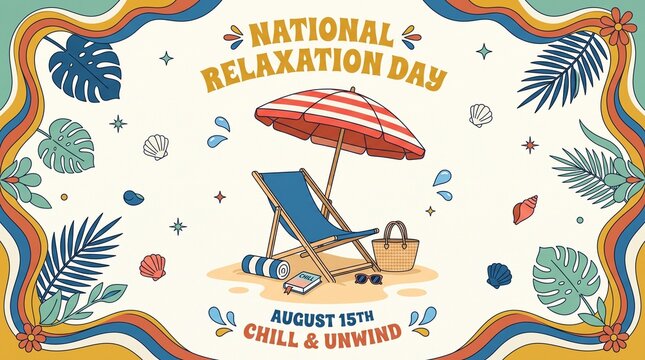 Beach Scene Illustration With Lounge Chair And Tropical Foliage