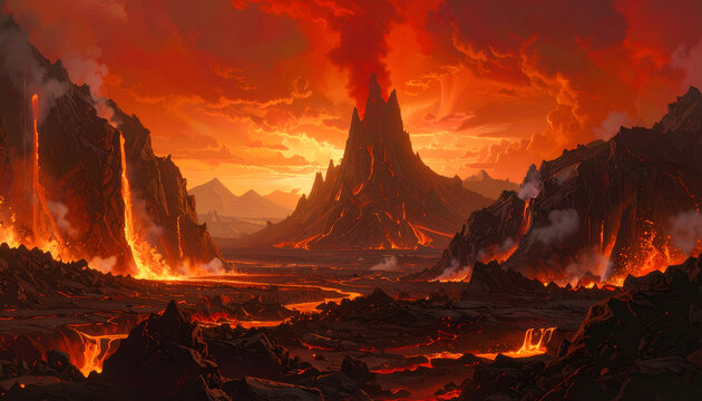 Epic Volcanic Eruption Landscape with Lava Flows and Smoke Plumes.