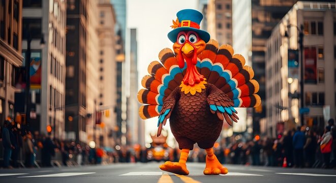 A colorful turkey mascot walking down a city street celebrating a festive happy thanksgiving day parade event