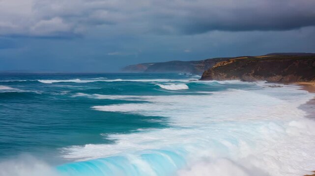 Dramatic Coastal Wave Crash - Turquoise Ocean Surge Against Rocky Cliffs Under Moody Storm Clouds Landscape Photography.