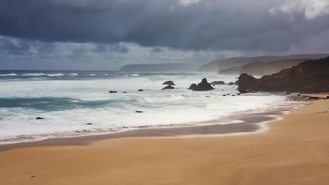 Dramatic Stormy Beach Landscape with Turquoise Waves Crashing on Golden Sand - Coastal Wilderness Photography