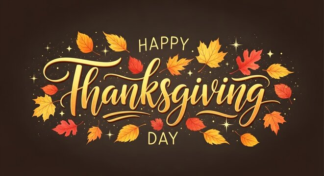 Elegant handwritten lettering for a happy thanksgiving day celebration with colorful autumn leaves on dark background