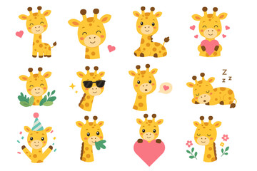 Fototapeta premium Set of giraffe illustrations, stickers, print design, cheerful character