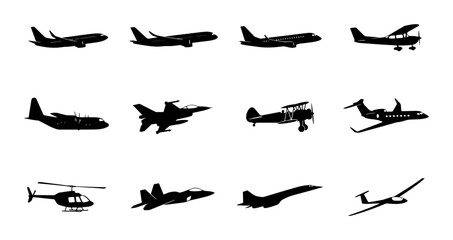 Diverse Aircraft Silhouettes Collection, Aviation Icons Set, Airplane Vector Graphics, Helicopter, Jet, Glider, Biplane © Rakib