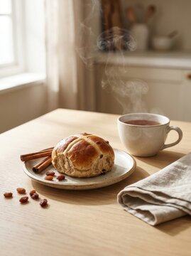 Hot cross bun and tea cup on wooden table