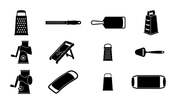 Kitchen Graters and Slicers Vector Icons Set, Food Preparation Tools Collection, Culinary Gadgets Graphics, Cheese Slicer and Zester Illustrations