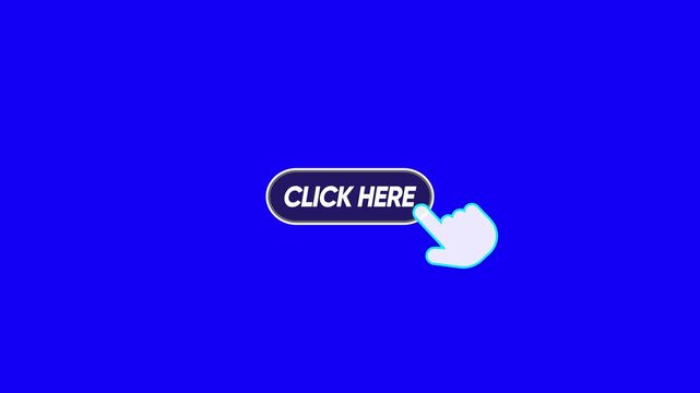 Animated click here button with hand cursor on chroma key blue background