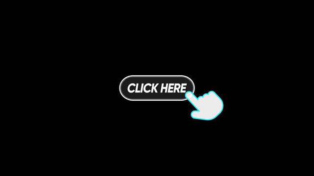 Click here button animation with hand cursor interaction on black background